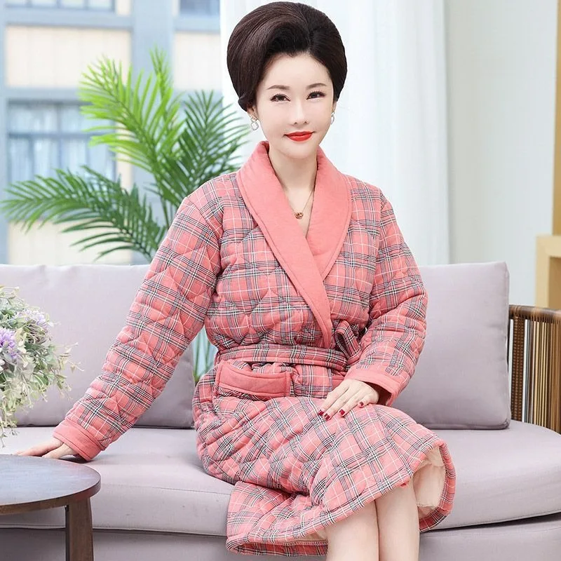 2024 New Robe Women Winter Three-layer Thicken Long Cotton Bathrobe Middle-aged Mother Cotton Padded Jacket Warm V-neck Homewear