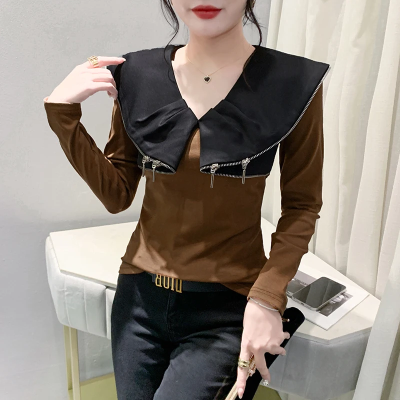 

2024 New Fall Winter Clothes T-Shirt Chic Sexy Color Blocking Peter Pan Collar Zipper Patchwork Women Tops Long Sleeve Tees 3111