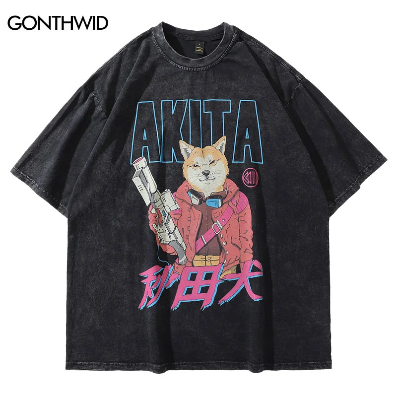 

Футболка оверсайз в стиле хип-хоп с забавным мультяшным японским принтом Akita Dog, винтажные футболки, уличная одежда 2023, футболка в стиле Харадзюку