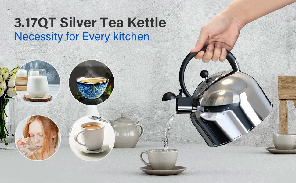 Stainless Steel Whistling Tea Kettle, 3.17 Quart, Teapot for Stove top with Wide Mouth, Easy Pouring Spout and