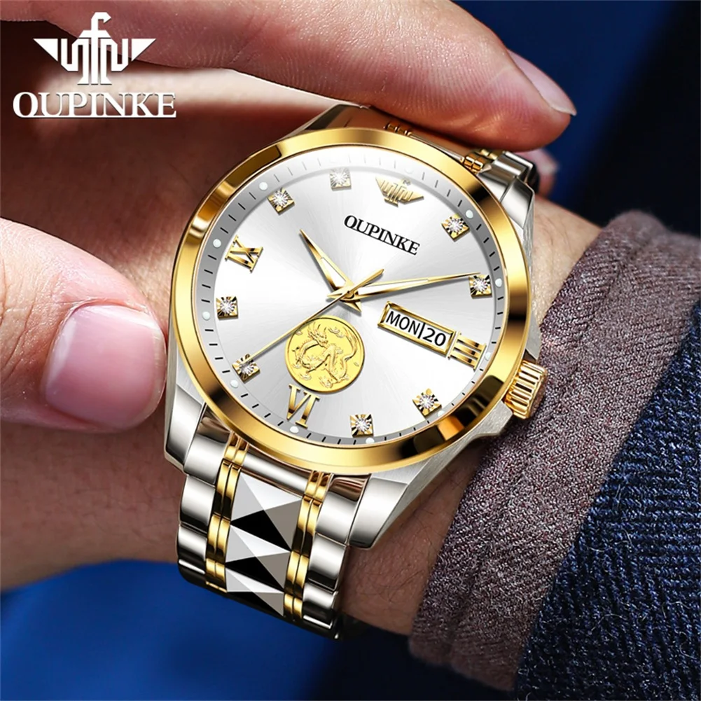 OUPINKE 3259 Men Automatic Watch Real Gold Dual Calendar Mechanical Watch For Men Luxury Waterproof Top Brand Dress Wristwatch