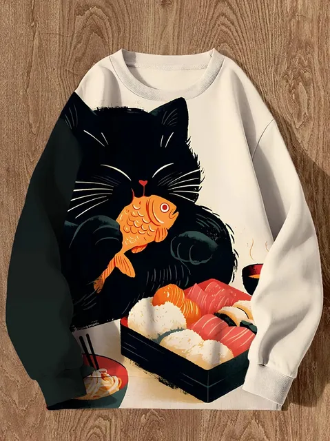 2025 Men's Animal Cat Sweatshirts Long Sleeve Sweatshirt O-Neck Fashion Cool 3D Printed Japanese Art Prints Casual Sweatshirts 2