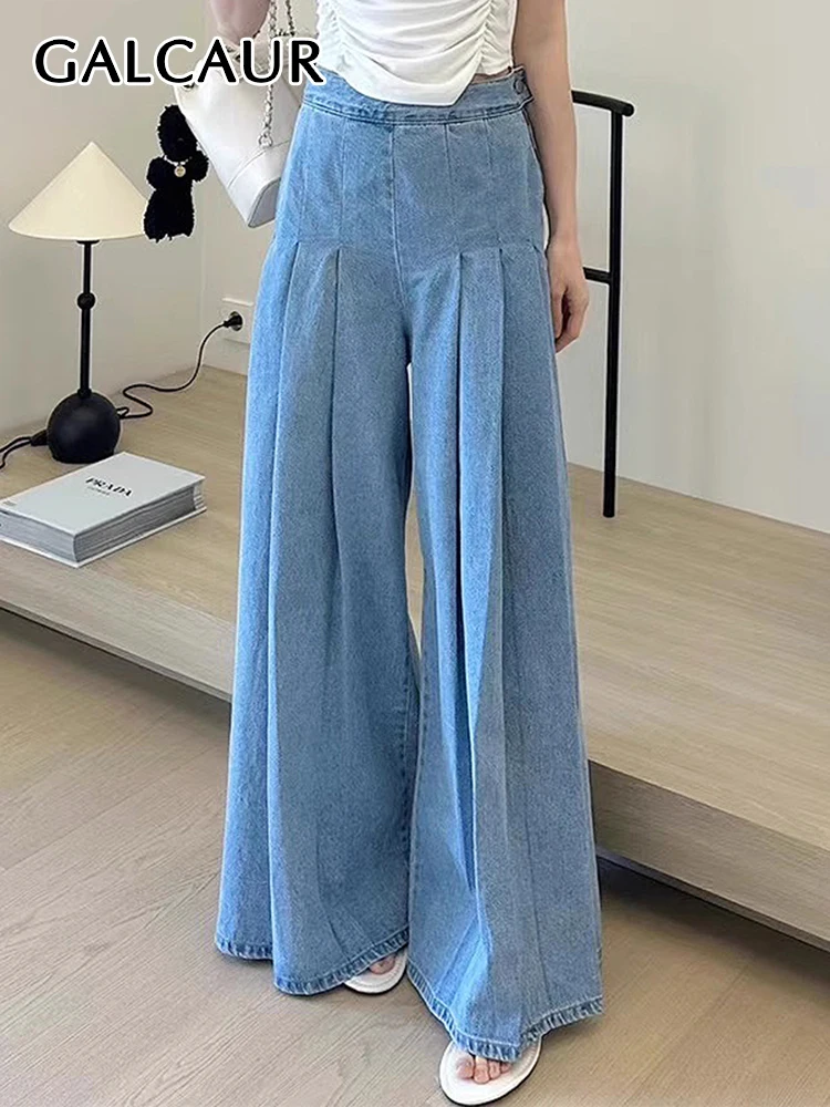 

GALCAUR Korean Folds Jeans For Women High Waist Patchwork Pockets Solid Casual Loose Denim Wide Leg Pants Female Summer Clothing
