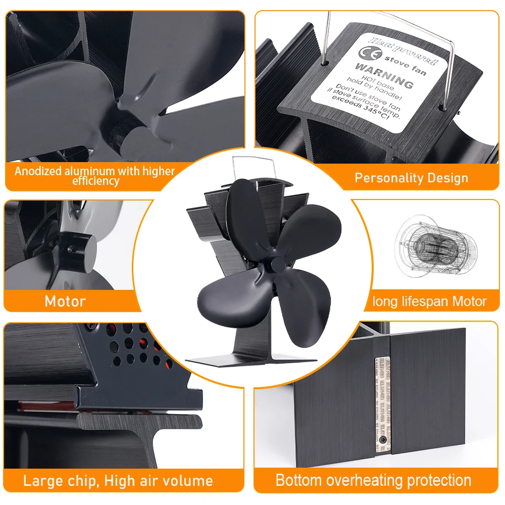 4 Blade Heat Powered Stove Fan Black Fireplace Fan komin Log Wood Burner Eco Friendly Quiet Home Efficient Heat Distribution