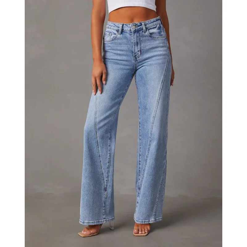 

New women's wide leg jeans, comfortable and casual, with splicing technology, mid rise, blue, loose pants