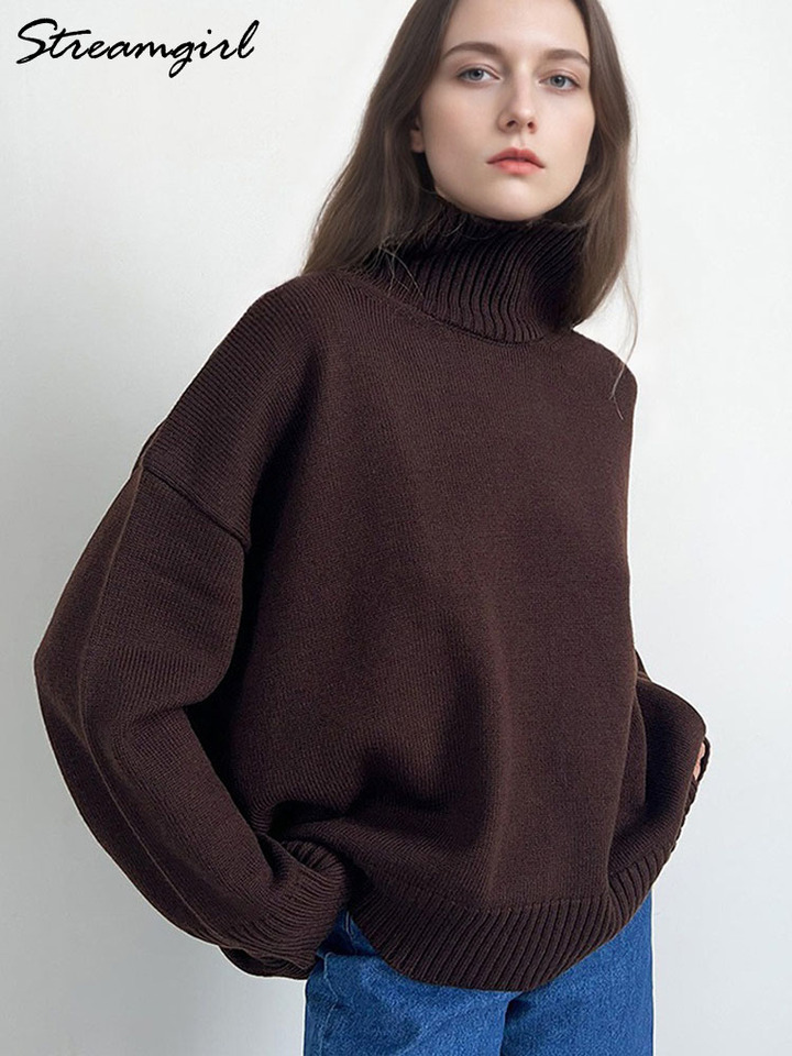 Brown Turtleneck Sweater Women Pullovers Autumn Oversized Butter Yellow Sweaters Thick Turtle Neck Knit Baggy Sweater For Ladies