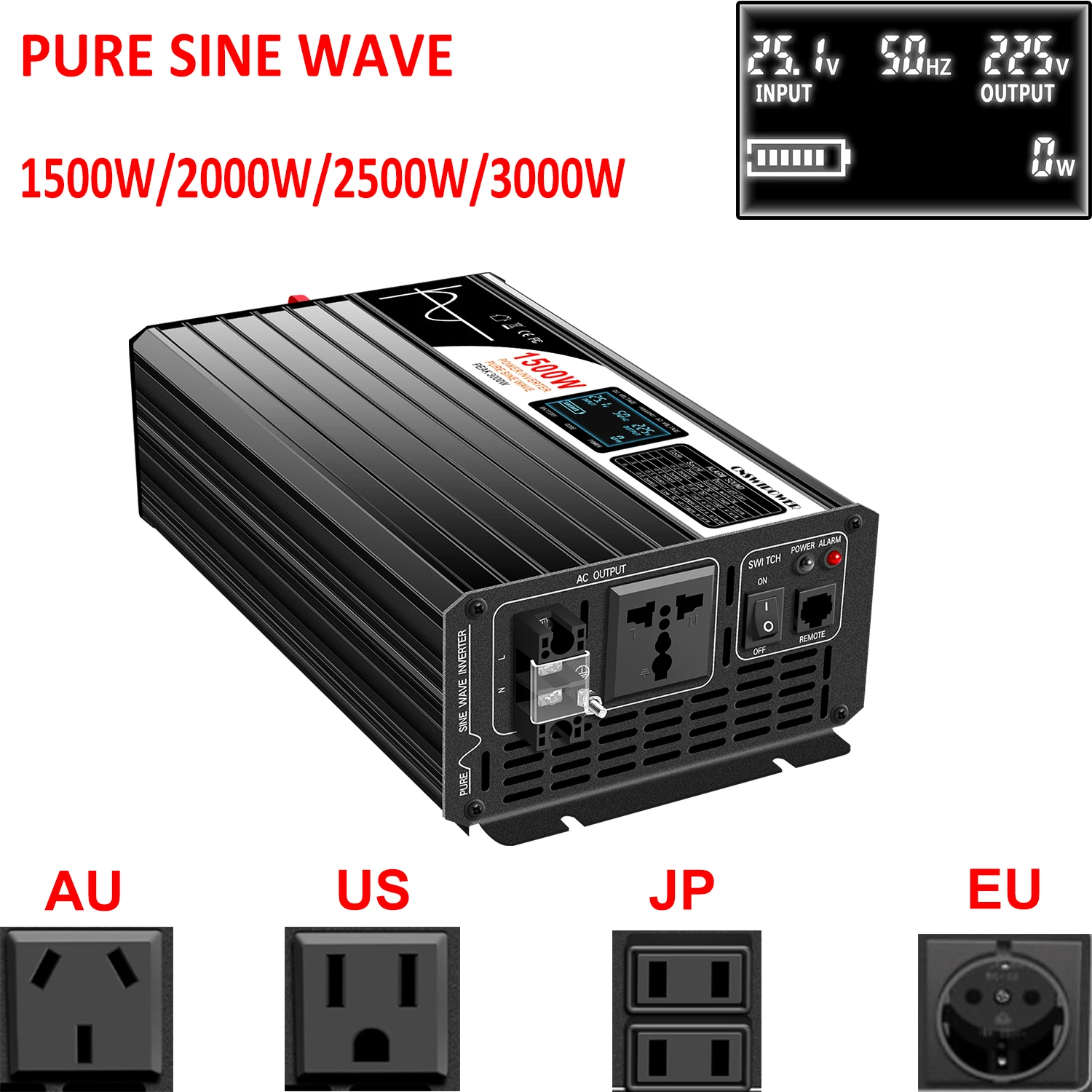 

1500W 2000W 2500W 3000W pure sine wave solar power inverter 12V/24V/48V DC to 110V 220V AC LCD screen