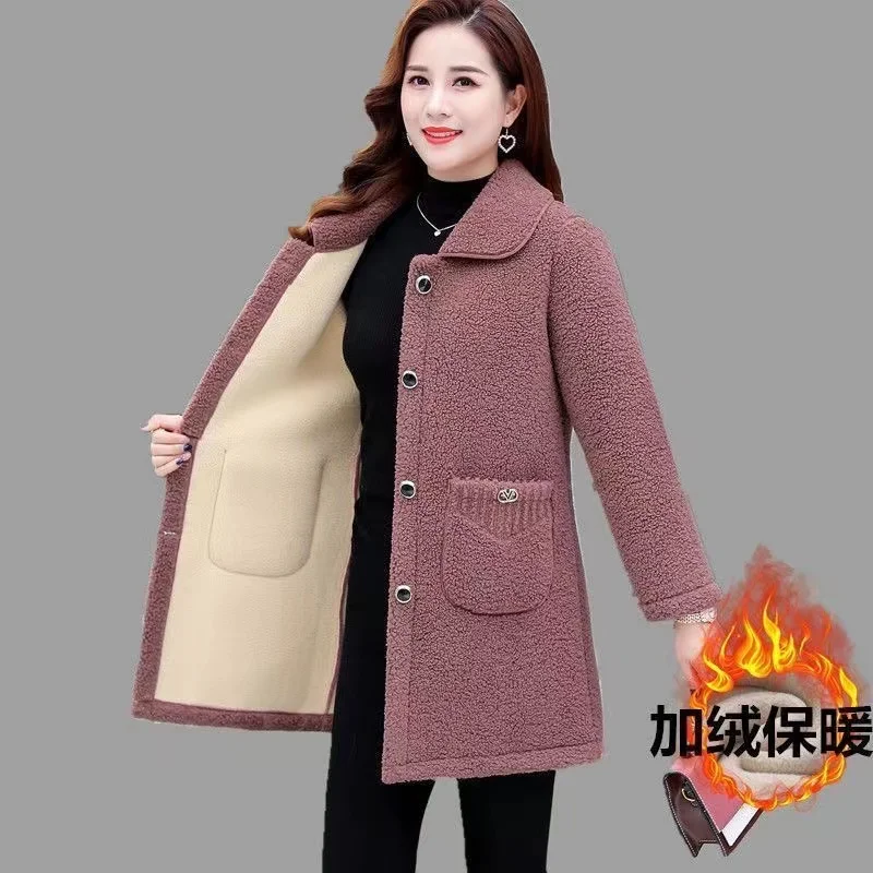 

XL-6XL New Middle-Age Elderly Women's Clothing Thicken Imitation Lamb Wool Coat Mother's Winter Mid-Length Granular Velvet Coat