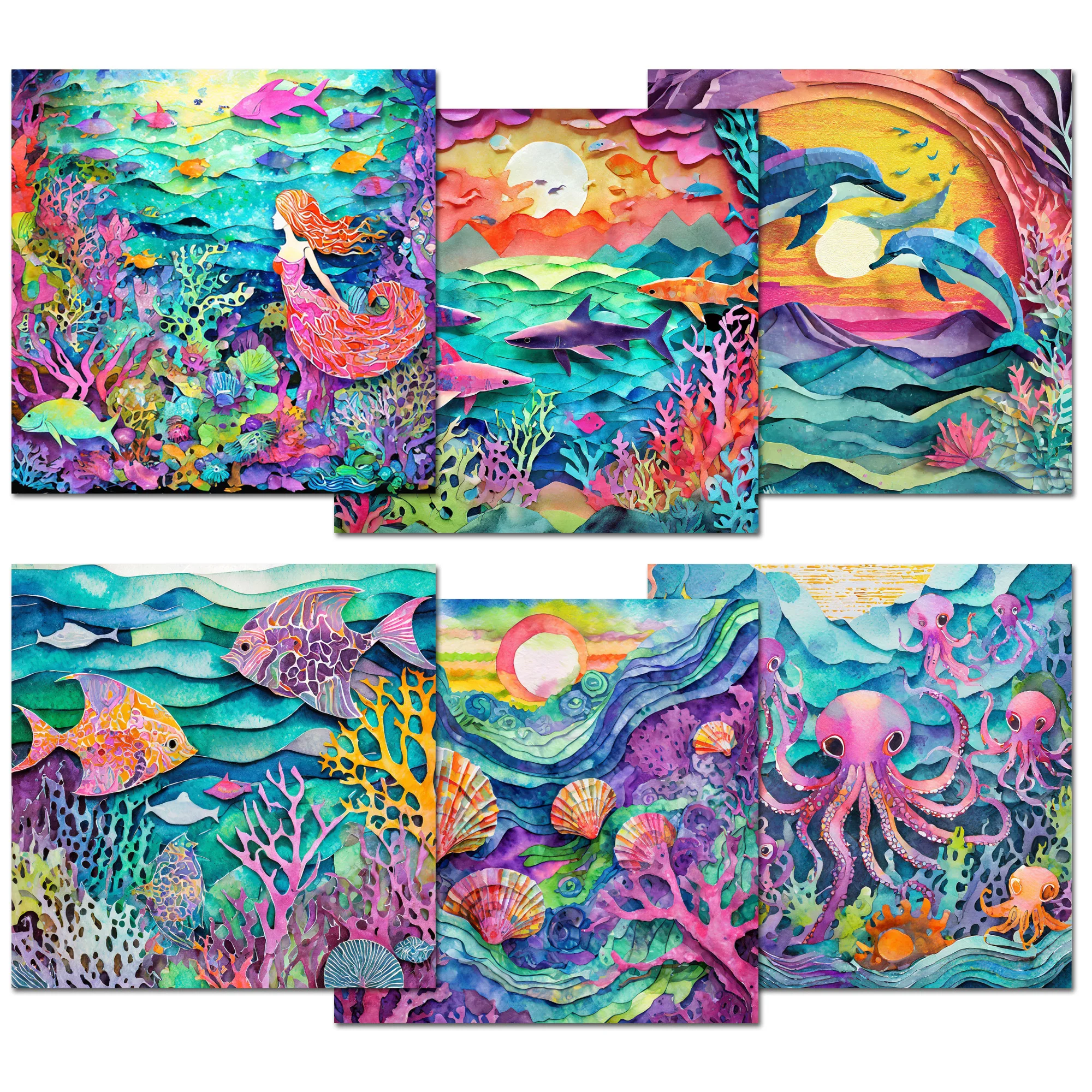 수채화 수중 세계 DIY 스크랩북 세트, 미니 선물 포장, 저널 용품, 예술에 적합, 68 장 (12 장 + 56 스티커)