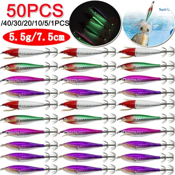 1-50PCS Eging Squid Jigging Wood Shrimp Hooks Octopus Bait 5.5g 7.5cm Luminous Octopus Bait Goods for Fishing Artificial Bait 1