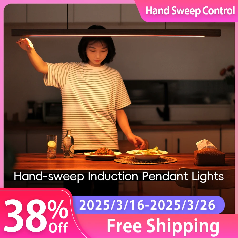 Wood Pendant Lights LED Hand Sweep Smart Sensor Pendant Lights LED Hand Scan Hanging Lamps For Kitchen Island Dining Living Room