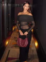 Cutenew Mesh Ruched Women Maxi Dress Sexy See Through Off Shoulder Long Sleeve Sheath Vestidos Female Midnight Party Solid Robe 1