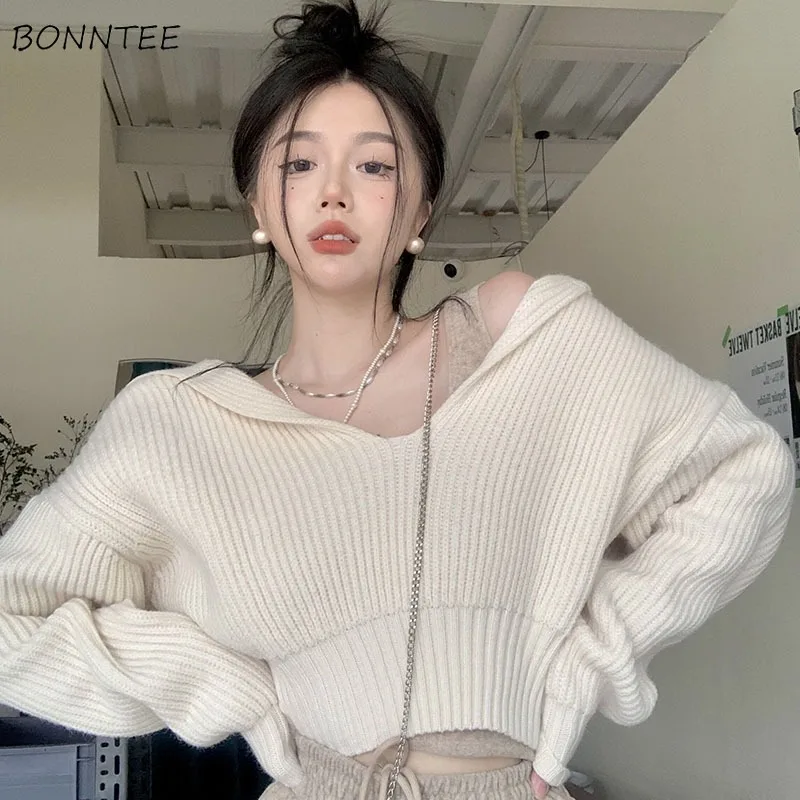

Pullovers Women Knitted Korean Fashion Baggy Slouchy All-match Leisure High Street Sweater Jumpers Harajuku Sweet Girl Crop Top