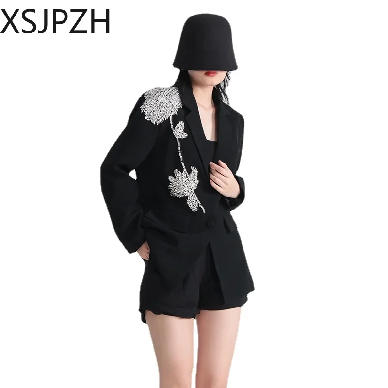2024 New Ins Niche Temperament Heavy Nail Bead 3D Flower Stitching Loose Thin Elegant Suit Jacket Women Office Lady Coat