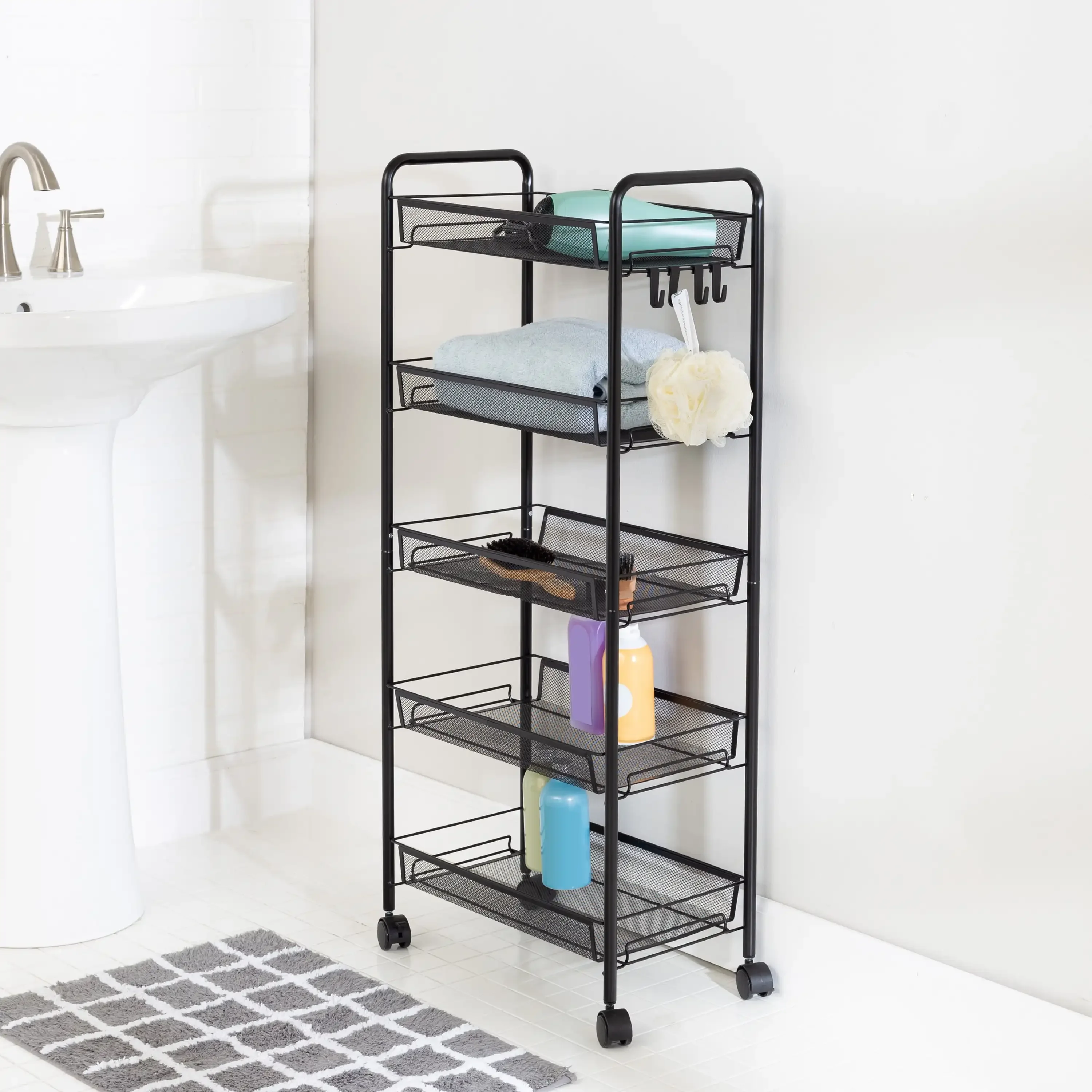 

Honey-Can-Do Steel 5-Tier Rolling Storage Cart with 4 Hooks, Black