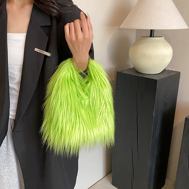 Autumn Winter New Tassel Plush Handbags Fashion Candy Color Ladies Tote Bag Simple Metal Thin Chain Shoulder Bag For Women Party