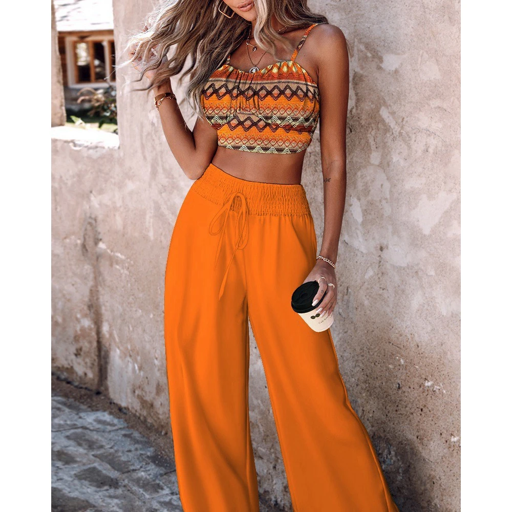 Women Print Spaghetti Strap Crop Top & Drawstring Wide Leg Pants Set Causal New Style Two Pieces Pants Suit Summer Clothing