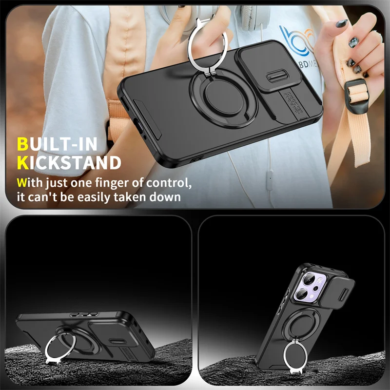 Enhanced Armor Case with Slide Camera Lens Protector and Ring Holder Cover