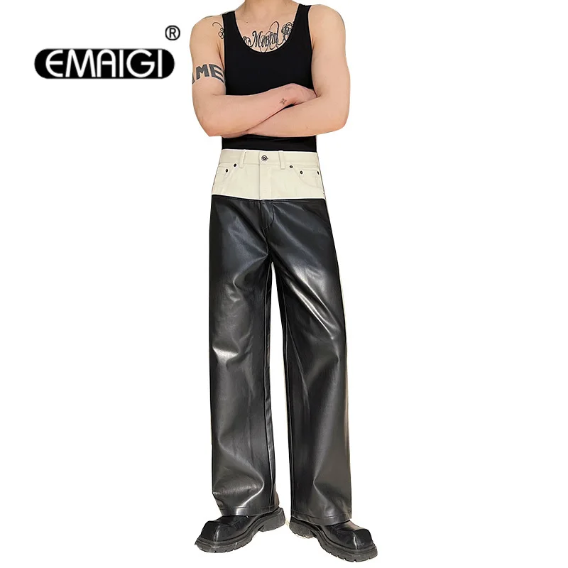 Pantalones de cuero de retales para hombre, ropa de calle, Hip Hop, Punk, Rock