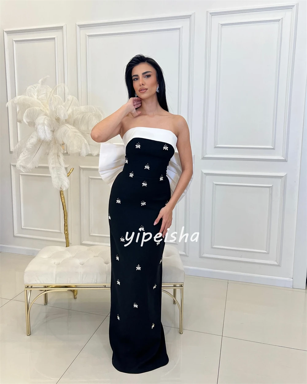 Customized Classic Jersey Sequined Ruched A-line Strapless Long Dresses Homecoming Dresses Exquisite Modern Style Pastrol Unisex Prom Dresses Prom Dress Women Casual Dresses