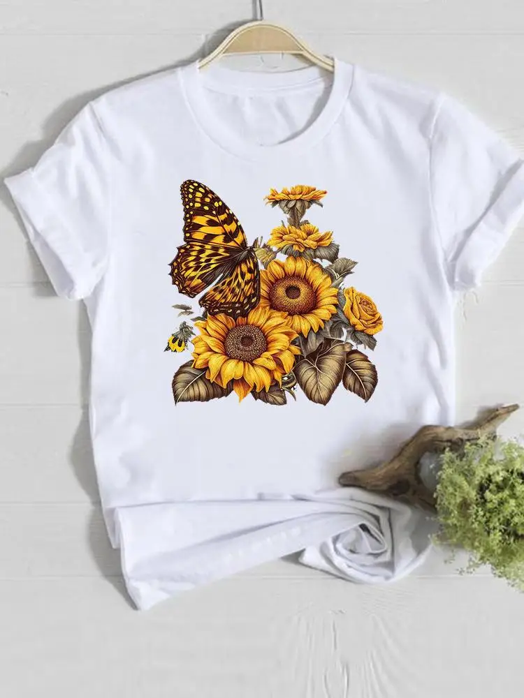 

Fashion Print Female Shirt Tee Casual Women Clothes Flower Butterfly Trend Cute 90s Short Sleeve Lady Graphic T-shirt