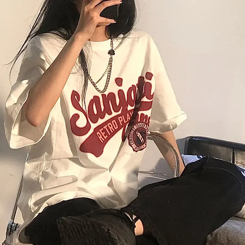 Women's Vintage White T Shirt Short Sleeve Harajuku Tees Streetwear Korean Top Oversized Loose Y2k Summer Fashion 2