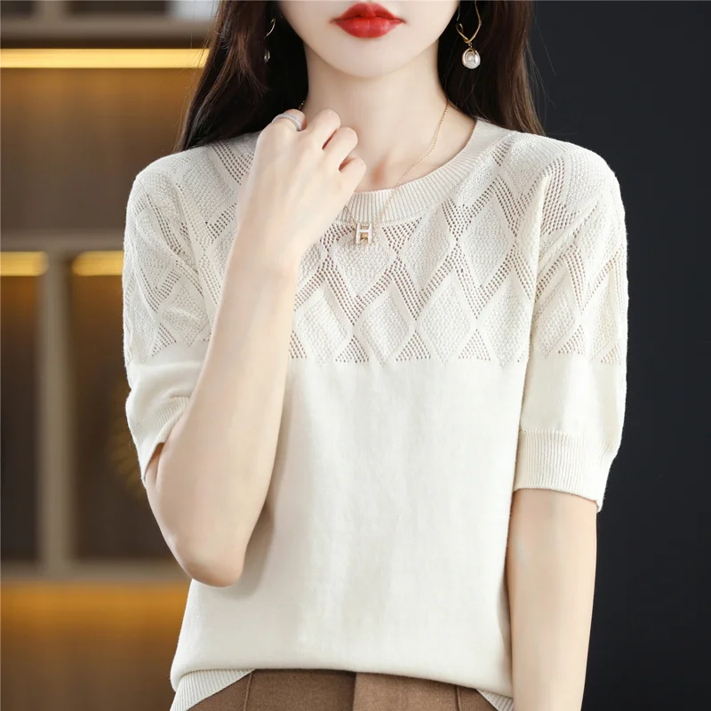 

Summer new 100% cotton ladies sweater T-shirt short sleeve round neck pullover casual knitted hollow top