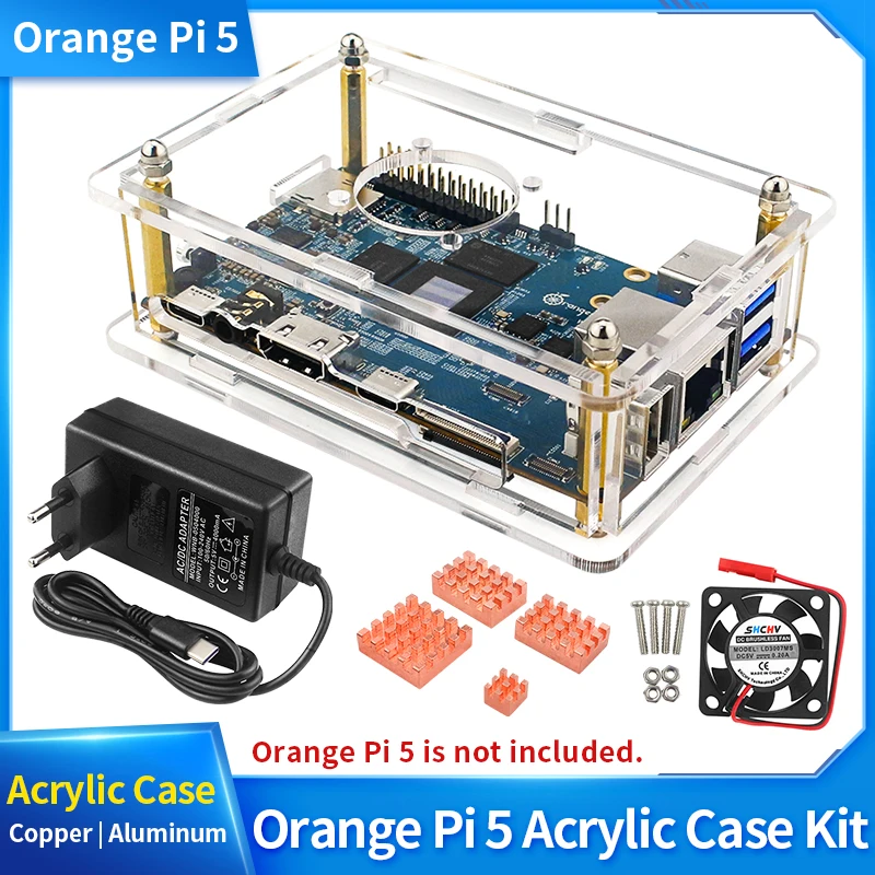 Laranja pi Acrílico Case Caixa Transparente Transparente Gabinete Opcional Cobre Dissipadores de Calor Ventilador de Refrigeração Fonte de Alimentação para Laranja pi 5