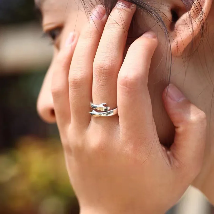 S925 Sterling Silver Love Hug Couple Rings Adjustable Opening Ring Women Men Lover Jewelry Anniversary Gifts