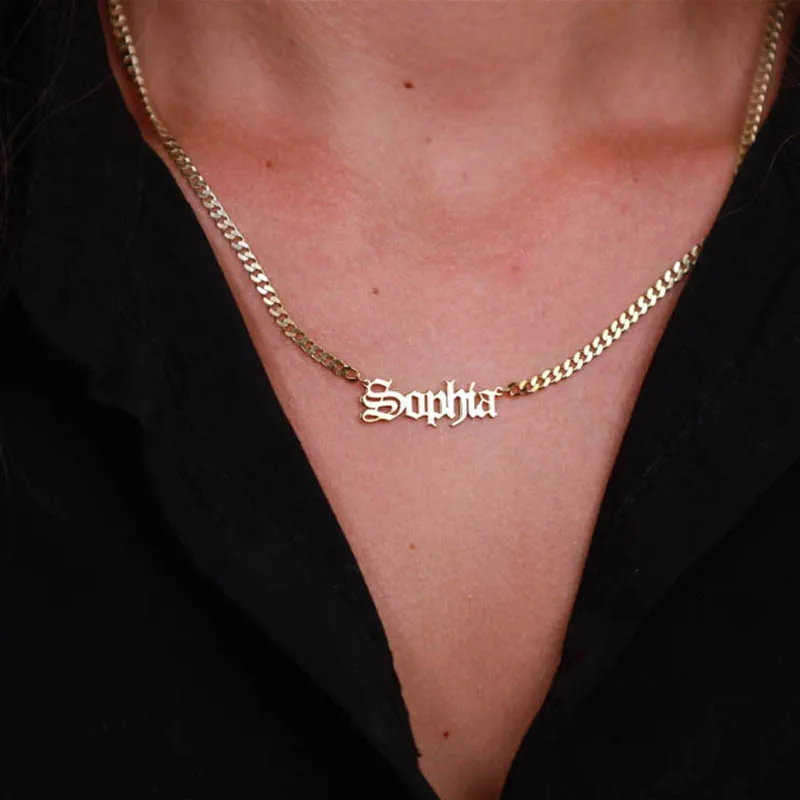 Custom Name Necklace For Women Personalized Old English Style Nameplate Pendant Stainless Steel Chain Choker Boho Jewelry bijoux цепь для тела bijoux indiscrets magnifique bra chain серебристая