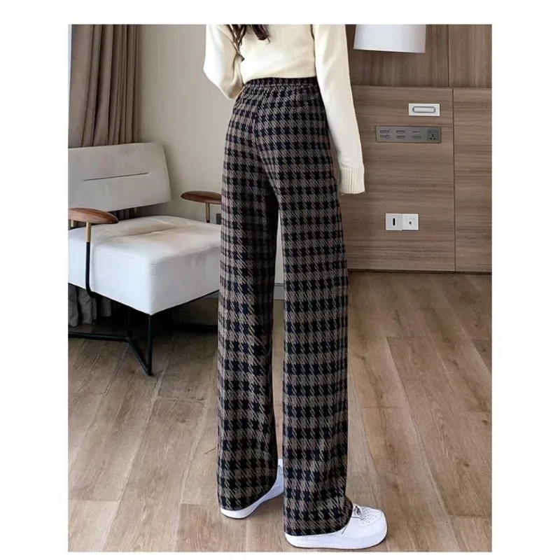 Deeptown Vintage Plaid Straight Pants Black Brown Sweatpants Women Loose Thicken Autumn Winter Korean Style Casual Wide Trousers