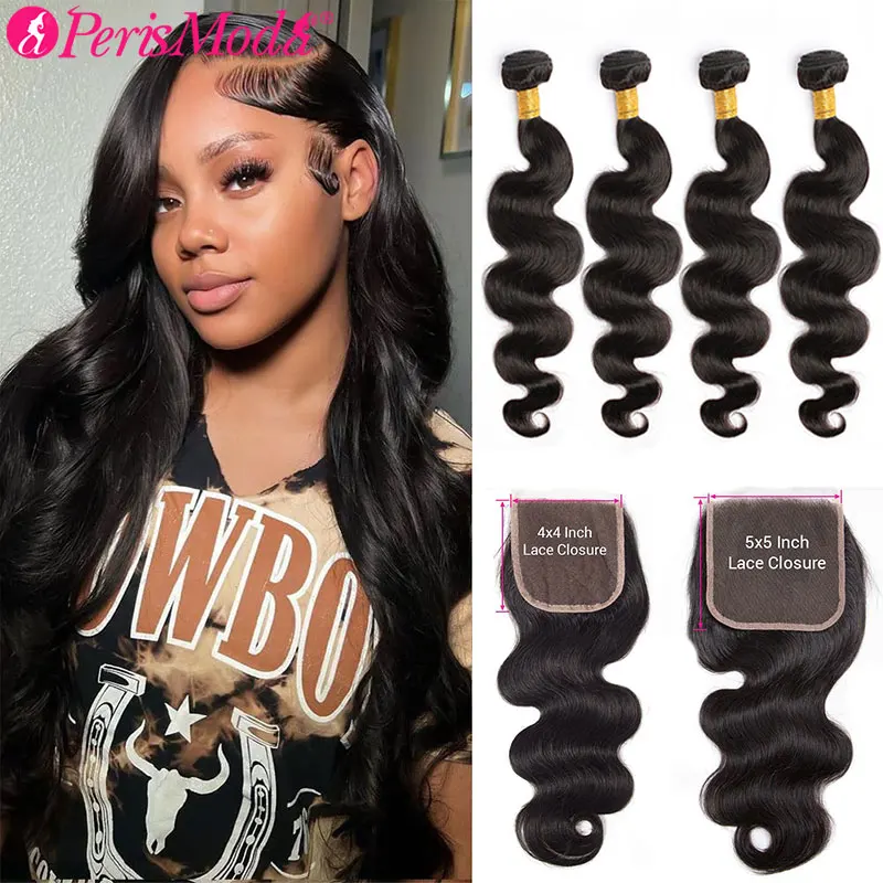 

PerisModa Body Wave Human Hair Bundles With Closure 5x5 Transparent Lace Brazilian Weaving 100% Bundles Human Hair Extensions