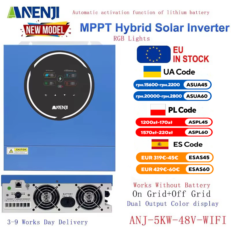 ANENJI New 5KW 48V Hybrid Solar Photovoltaic Inverter 230Vac 4.2KW 24V Pure Sine Wave Off Grid Tie 100A Solar Charger PV 500VDC