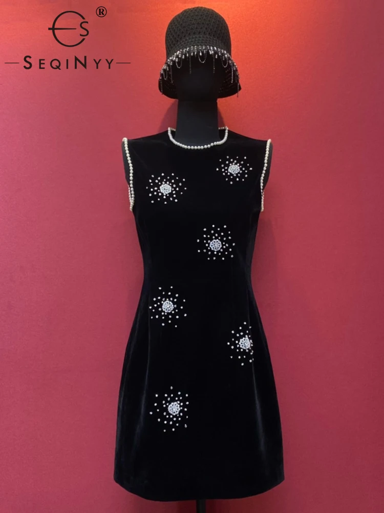 

SEQINYY Autumn Spring Dress Black New Fashion Design Women Runway High Quality Beading Flower Vintage Velvet Slim Mini Elegant