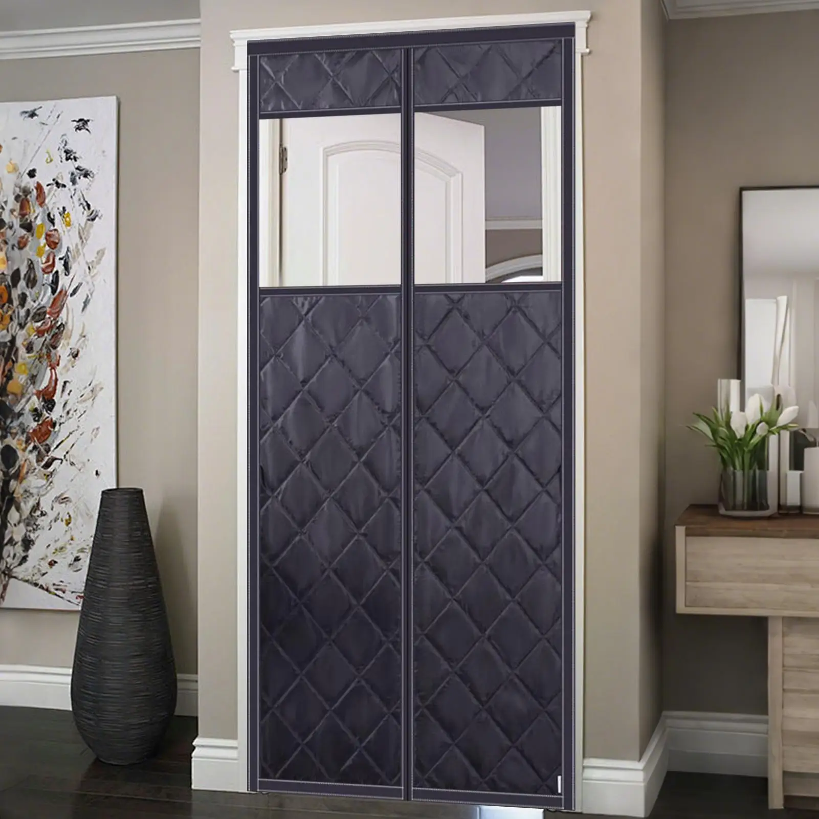 Winter Thermal Door Cover Magnetic Divider With Clear Window 36x82Inch Winter Warm Doorway Cover For Living Room Kitchen Patio