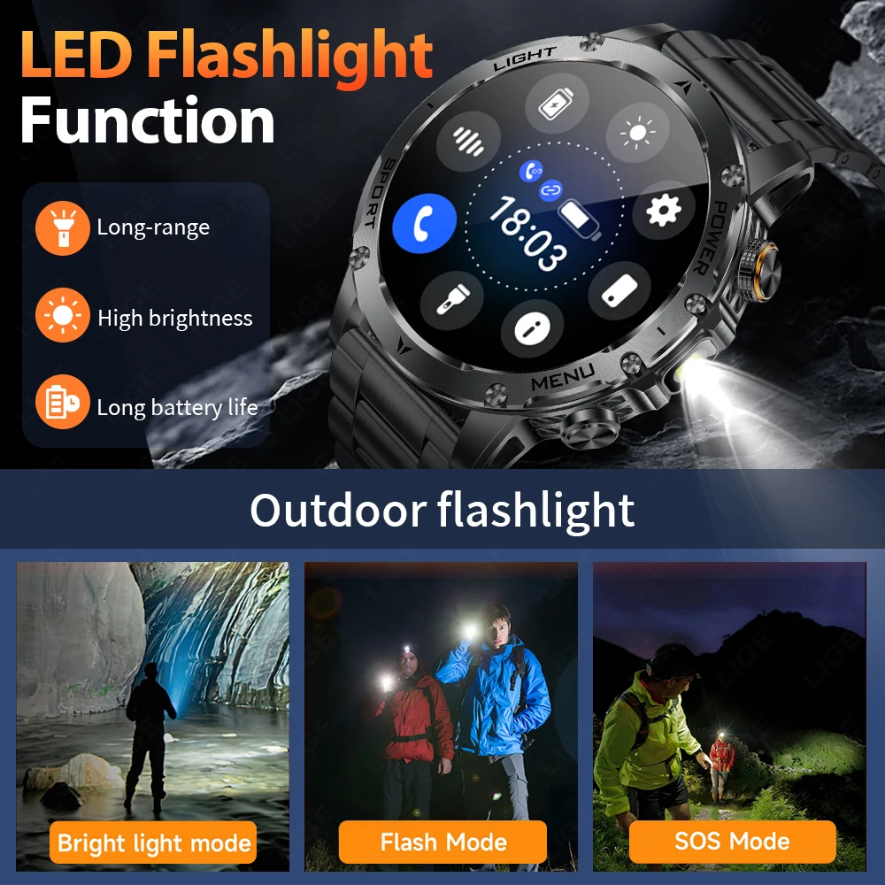 LIGE Military Smart Watch Men 3ATM Waterproof 1.7" HD Screen LED Flashlight 1000mAh Battery Heart Rate Sport BT Call Smartwatch