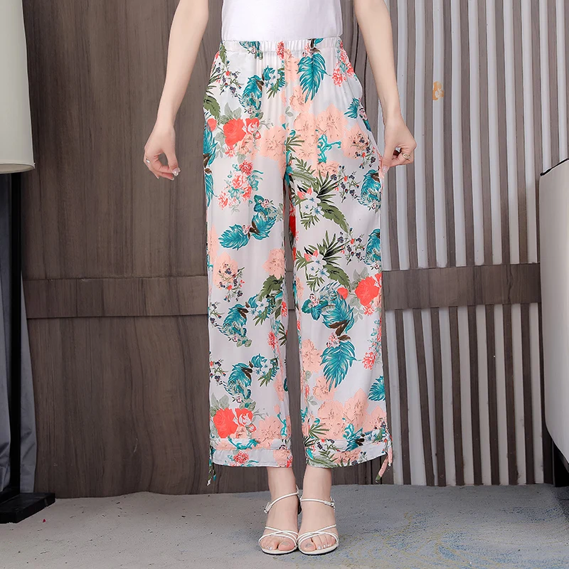 

Wide Leg Pants Women Summer Print Loose Wide Leg Trousers High Waist Korean Style Elastic Waist Vintag Women's Classic Pants