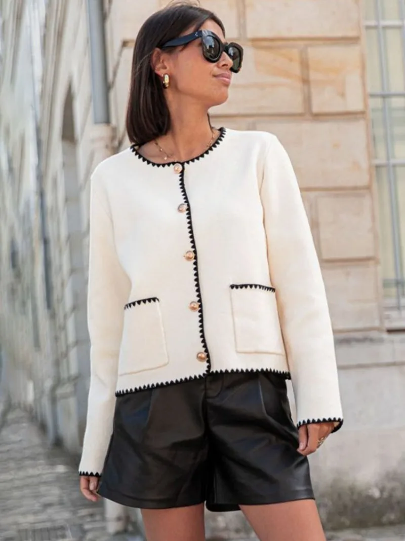 Cárdigan de punto de retazos para mujer, elegante abrigo de otoño para mujer, cuello redondo, manga larga, chaqueta de calle cálida para invierno para mujer, novedad de 2025