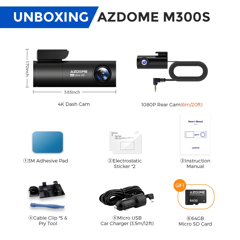 AZDOME-M300S  ķ 4K + 1080P ĸ ī޶, 800MP ,  GPS  ڵ DVR   ڵ DVR ߰ ð