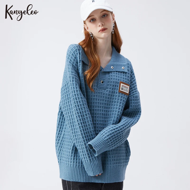 

Stand-up Collar Lapel Two Wear Waffle Texture Unisex Fall/Winter Crew Neck Sweater