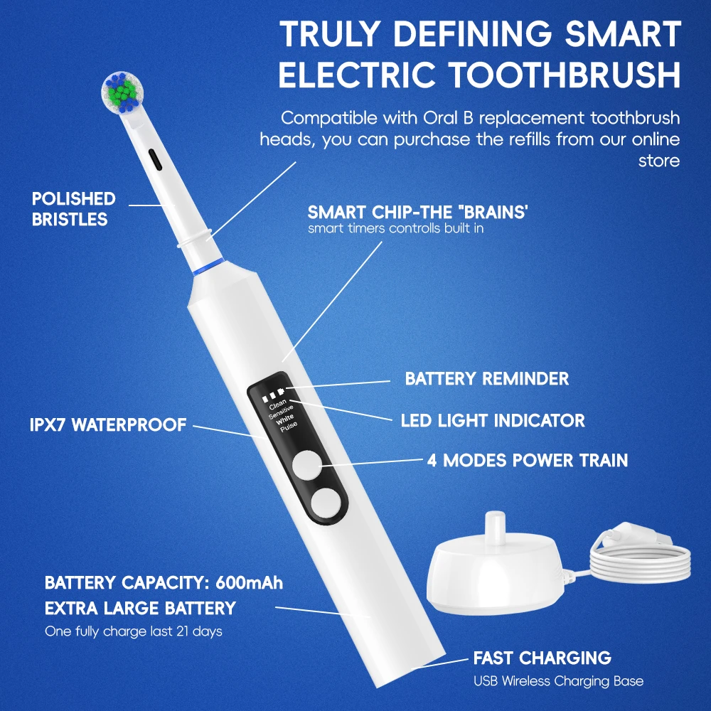 Wireless Charging Electric Toothbrush - 4 Modes & 2 Min Timer, Protable Electric Toothbrushes Compatible with Oral B Brush Head