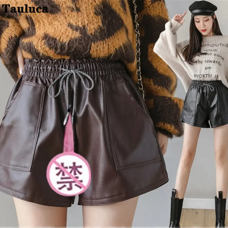 

Autumn Winter Women Faux Leather Casual Shorts Invisible Zipper Open Crotch Outdoor Exotic Elastic High Waist Trousers Oversize