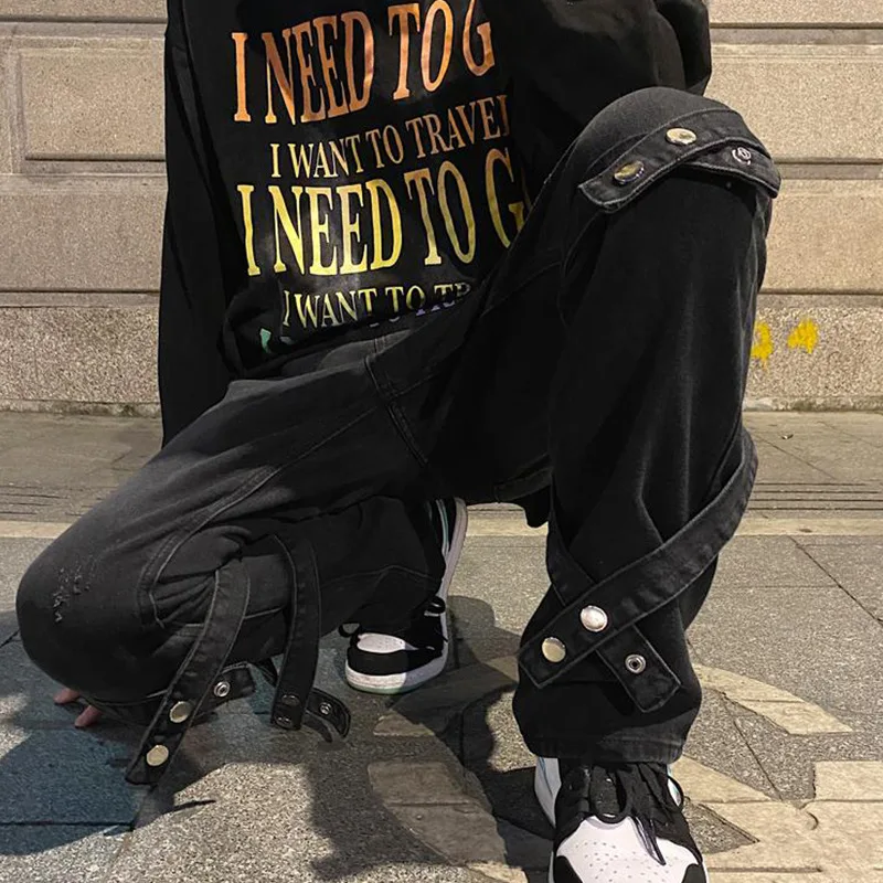 ICCLEK Autumn American Jeans Retro Loose Straight Pants High Street Jeans Bandage Jeans Men's Jeans Bell Bottom Jeans