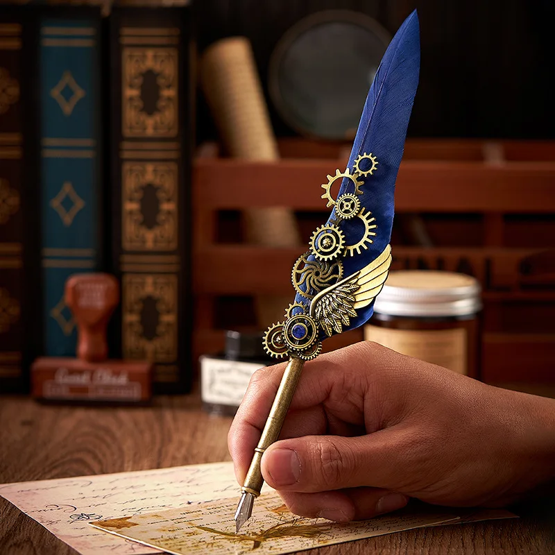1 SET European Retro Feather Pen Dipped in Water, High Aesthetic Mechanical Punk Style Fire Paint Seal