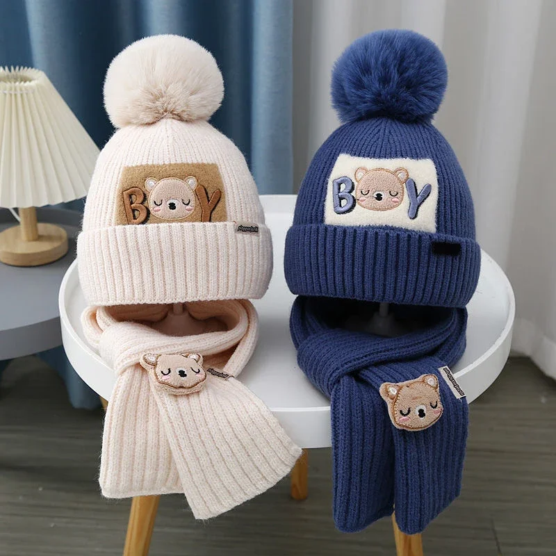 2Pcs/Set Baby Hat Scarf Cute Pompom Winter Woolen Knitted Warm Beanie Kids Boys Girls Cartoon Bear Crochet Cap Scarves 2