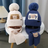 2Pcs/Set Baby Hat Scarf Cute Pompom Winter Woolen Knitted Warm Beanie Kids Boys Girls Cartoon Bear Crochet Cap Scarves 2