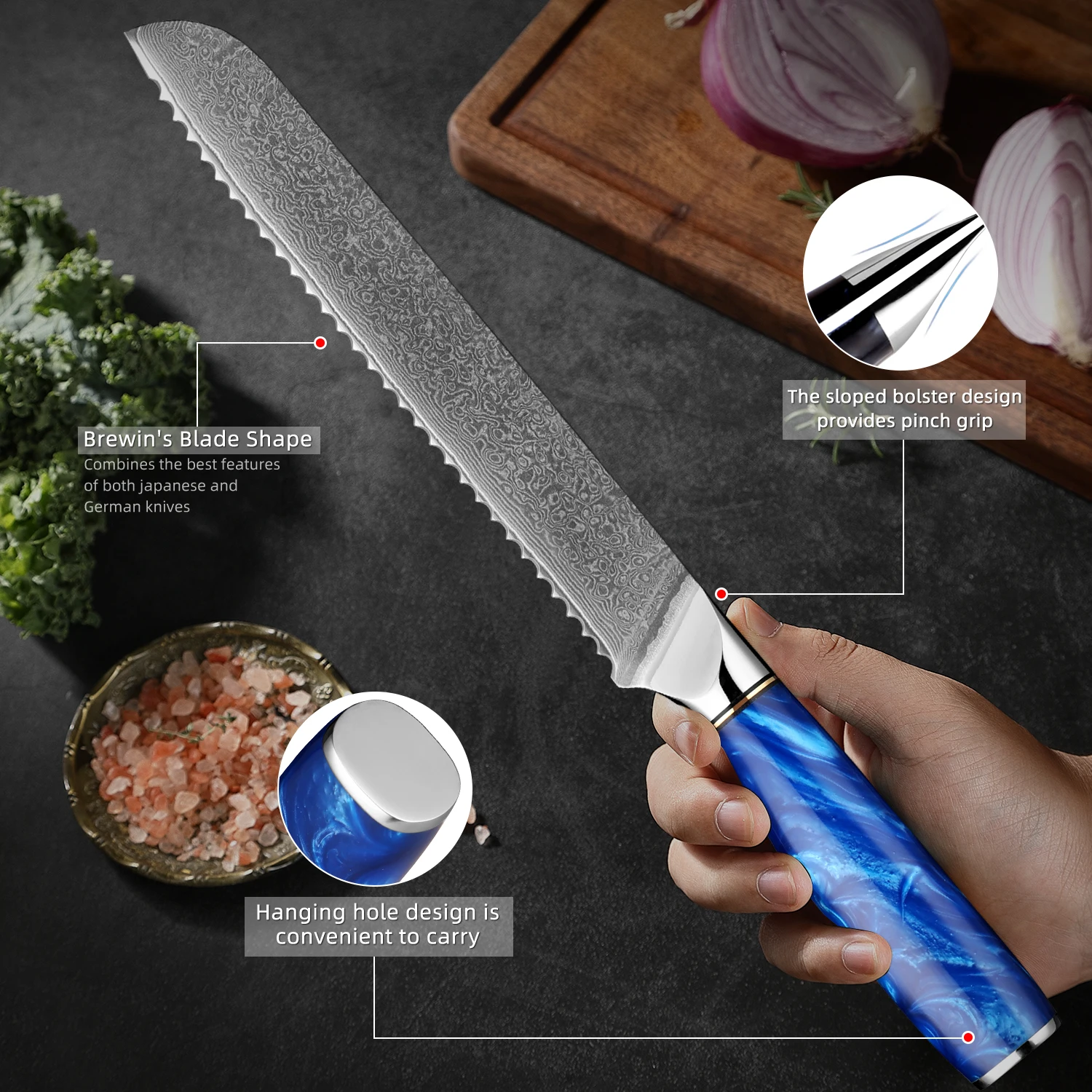 8 Inch Japanese Chef Knife With Ergonomic Blue Resin Handle