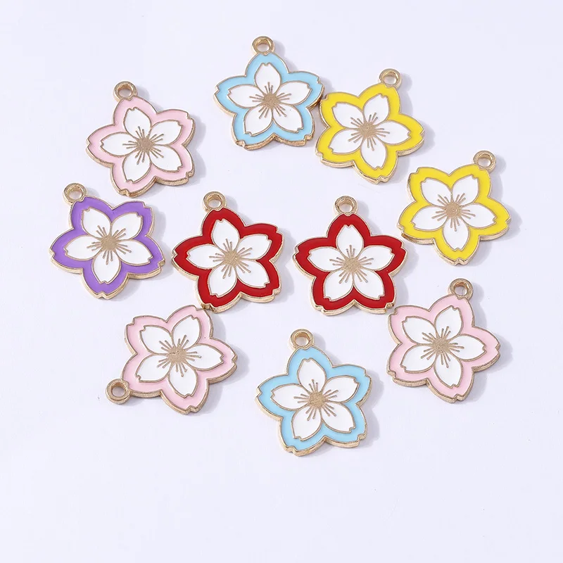 10 Stück 17 x 19 mm niedliche Emaille-Sakura-Blumen-Charms-Anhänger für Schmuckherstellung, Halsketten, Ohrringe, Armbänder, Zubehör, DIY-Geschenke