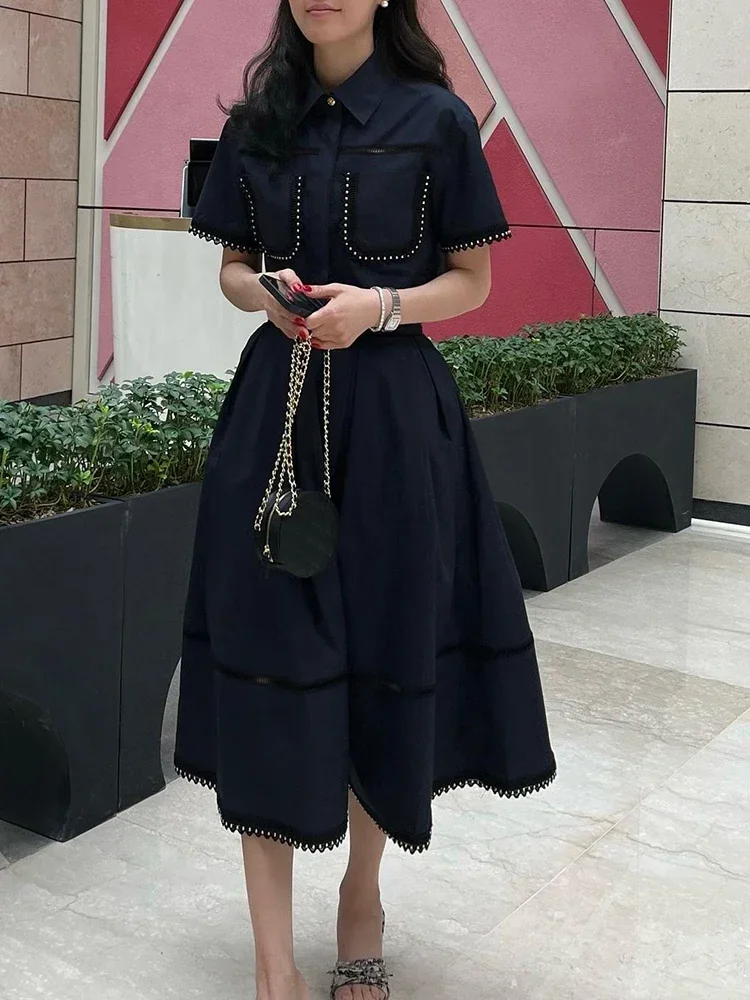 Elegant Two Piece Sets for Women Lapel Short Sleeve Tops High Waist A Line Pleated Skirts Solid Set Female Summer 2024  Dress