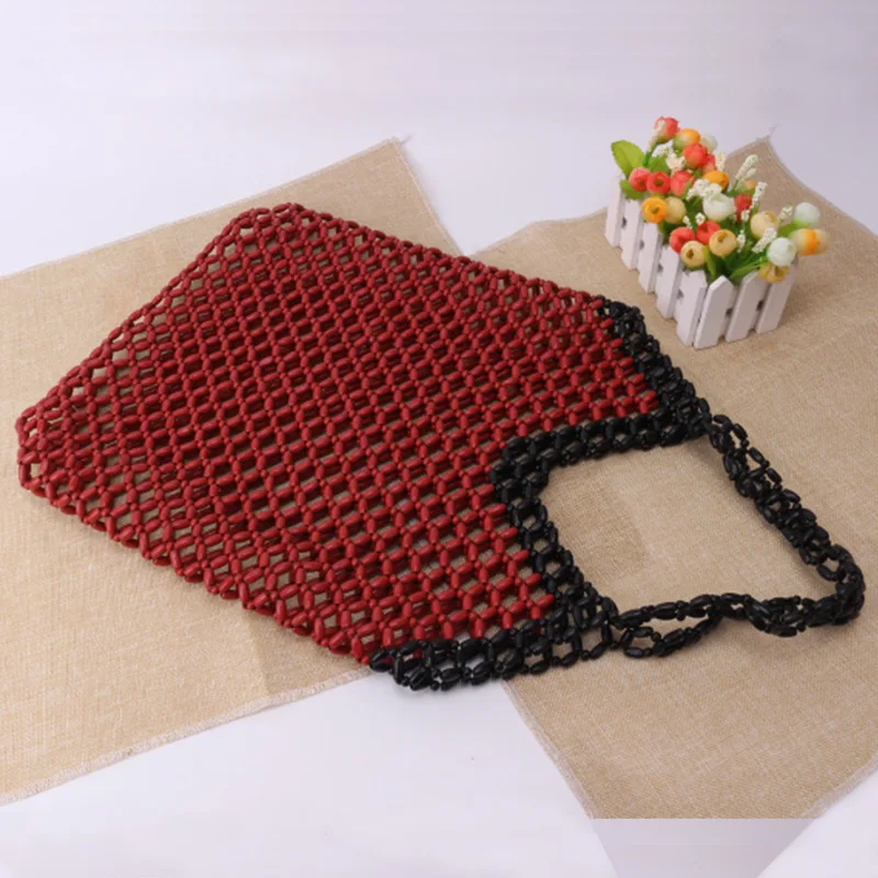 

2023 New Wooden Bead Woven Bag Fashion Simple Red Black Beaded Women's Shoulder Bags Casual Versatile Large Capacity Totebag